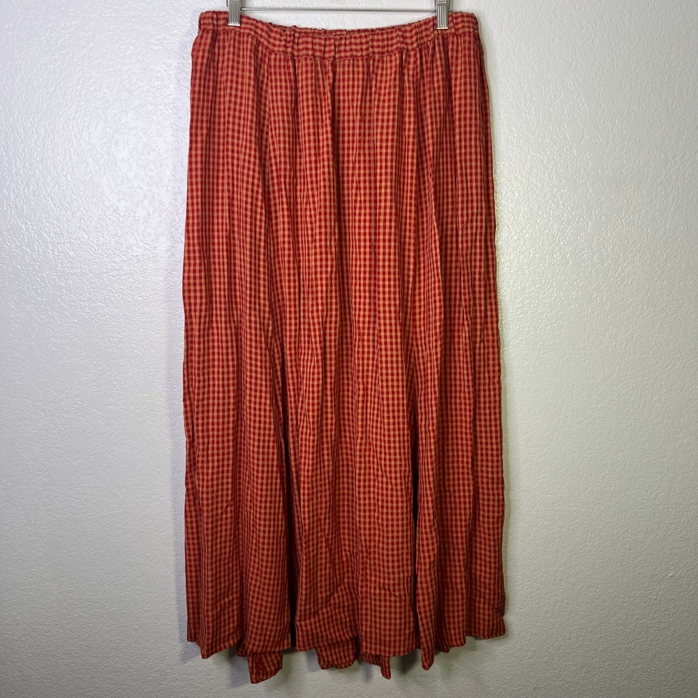 Flax Orange Red Gingham Check Rayon Blend Maxi Skirt Size 1G Generous